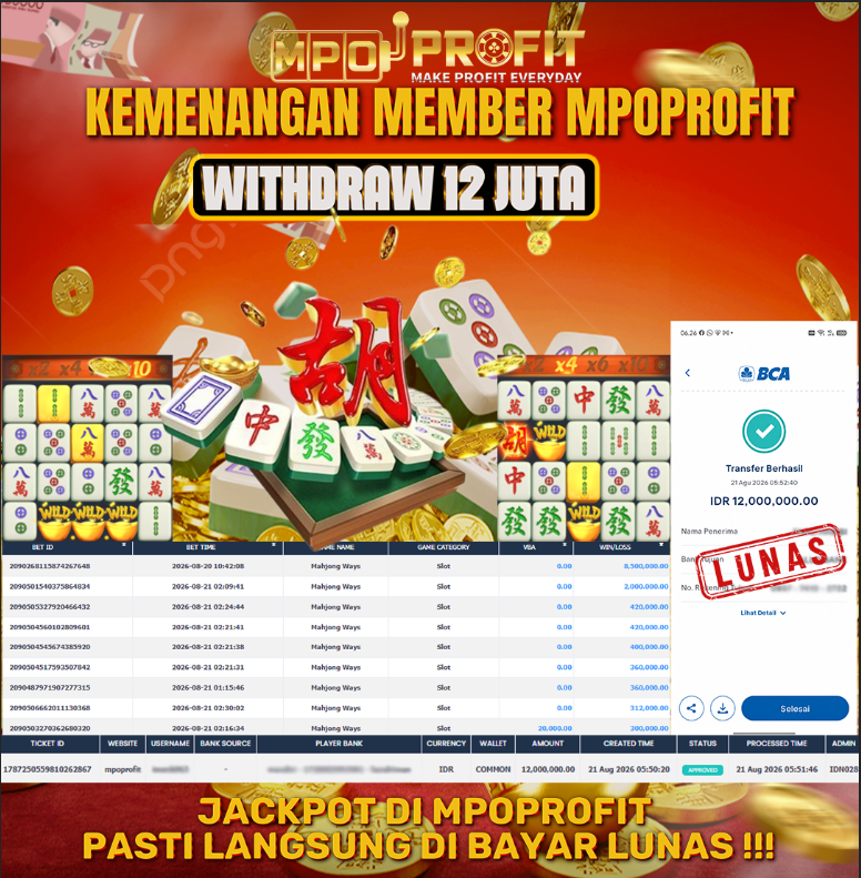 MPOPROFIT JACKPOT PGSOFT! KEMENANGAN MURNI DI (MAHJONG WAHYS  TOTAL 12.000.000,- LUNAS)
